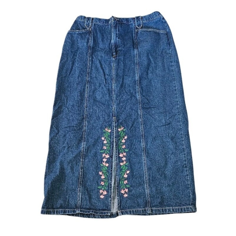St. Johns Bay Floral Embroidered Denim Maxi Skirt Blue Cotton Plus 16W Cottage